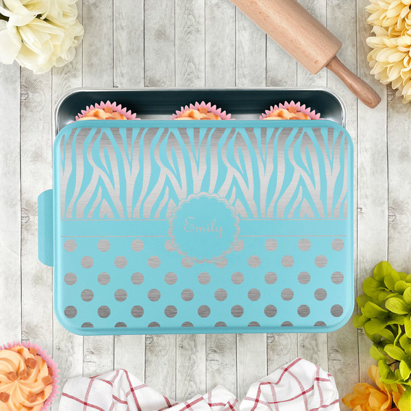 Zebra Print & Polka Dots Aluminum Baking Pan - Teal Lid - LIFESTYLE