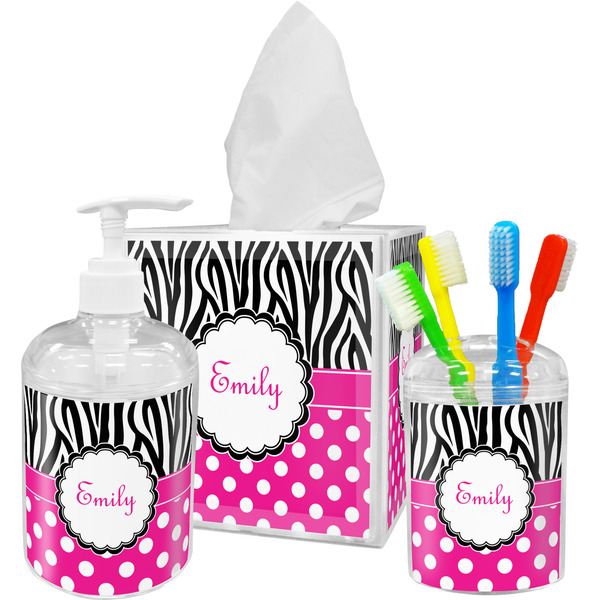 Custom Zebra Print & Polka Dots Acrylic Bathroom Accessories Set w/ Name or Text