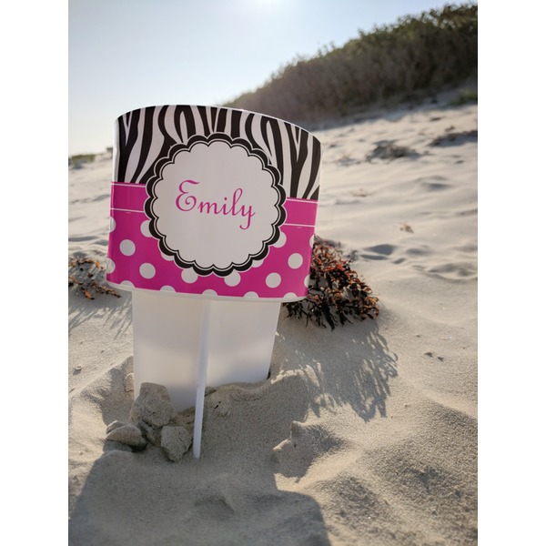 Zebra Print & Polka Dots Beach Spiker white on beach with sand