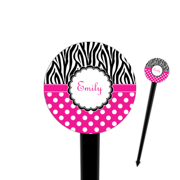 Custom Zebra Print & Polka Dots 4" Round Plastic Food Picks - Black - Single Sided (Personalized)