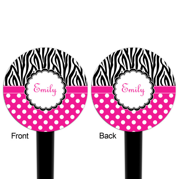 Zebra Print & Polka Dots Black Plastic 4" Food Pick - Round - Double Sided - Front & Back