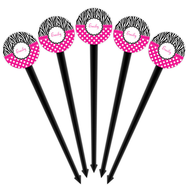 Zebra Print & Polka Dots Black Plastic 4" Food Pick - Round - Fan View