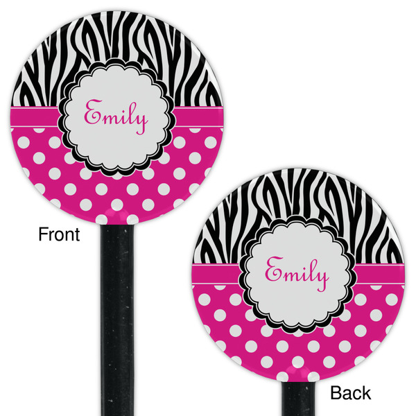 Zebra Print & Polka Dots Black Plastic 5.5" Stir Stick - Double Sided - Round - Front & Back