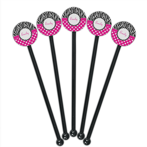 Zebra Print & Polka Dots Black Plastic 5.5" Stir Stick - Round - Fan View