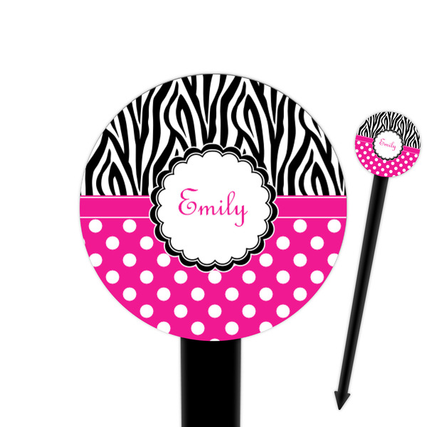 Custom Zebra Print & Polka Dots 6" Round Plastic Food Picks - Black - Single Sided (Personalized)