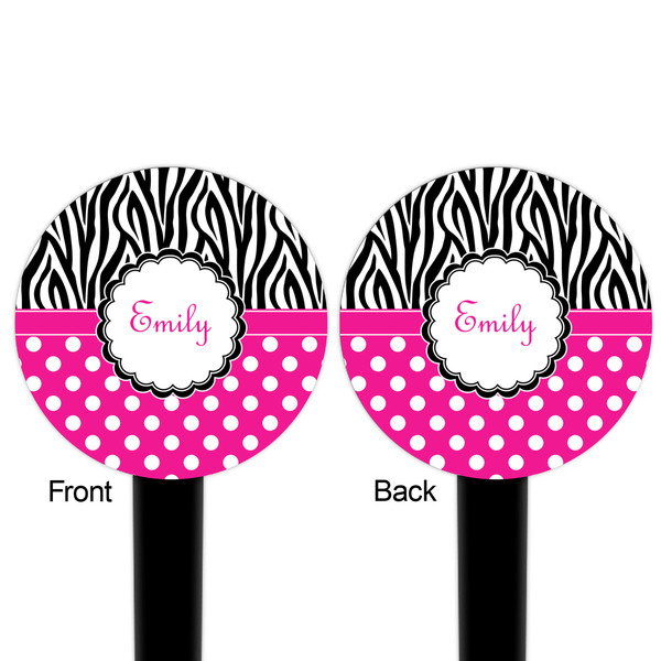 Zebra Print & Polka Dots Black Plastic 6" Food Pick - Round - Double Sided - Front & Back