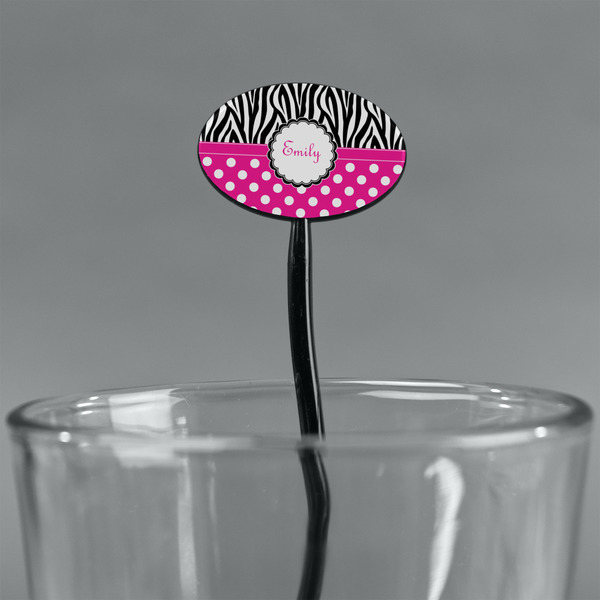 Zebra Print & Polka Dots Black Plastic 7" Stir Stick - Oval - Main