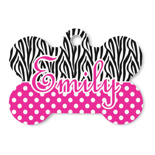 Custom Zebra Print & Polka Dots Bone Shaped Dog ID Tag - Large (Personalized)