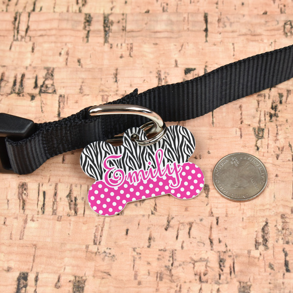 Zebra Print & Polka Dots Bone Shaped Dog ID Tag - Large - In Context