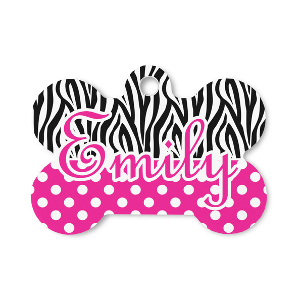 Custom Zebra Print & Polka Dots Bone Shaped Dog ID Tag - Small (Personalized)