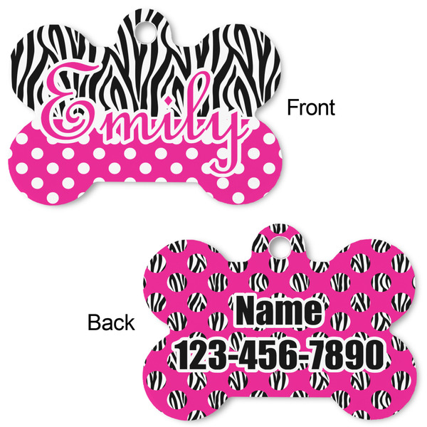 Zebra Print & Polka Dots Bone Shaped Dog Tag - Front & Back