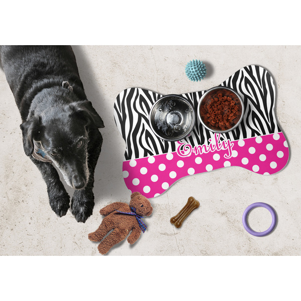 Zebra Print & Polka Dots Bone Shaped Mat w/ Food & Water
