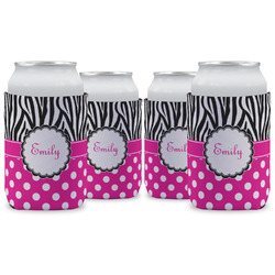 Zebra Print & Polka Dots Can Cooler (12 oz) - Set of 4 w/ Name or Text