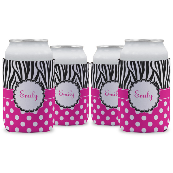 Custom Zebra Print & Polka Dots Can Cooler (12 oz) - Set of 4 w/ Name or Text