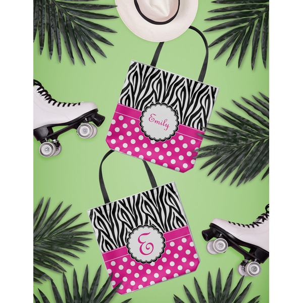 Zebra Print & Polka Dots Canvas Tote Lifestyle Front and Back- 13x13