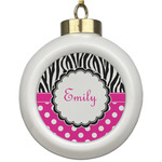 Zebra Print & Polka Dots Ceramic Ball Ornament (Personalized)