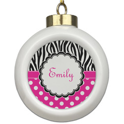Zebra Print & Polka Dots Ceramic Ball Ornament (Personalized)