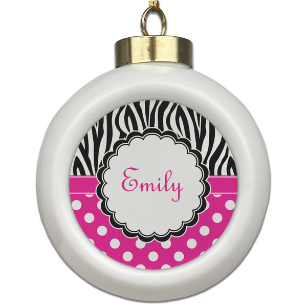 Custom Zebra Print & Polka Dots Ceramic Ball Ornament (Personalized)