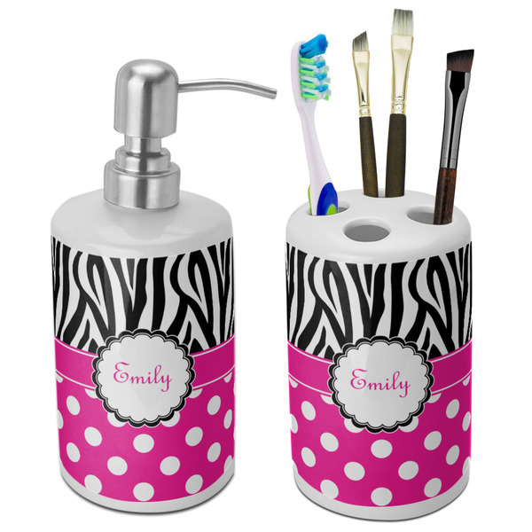 Custom Zebra Print & Polka Dots Ceramic Bathroom Accessories Set (Personalized)
