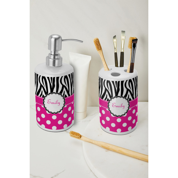 Zebra Print & Polka Dots Ceramic Bathroom Accessories - LIFESTYLE (toothbrush holder & soap dispenser)