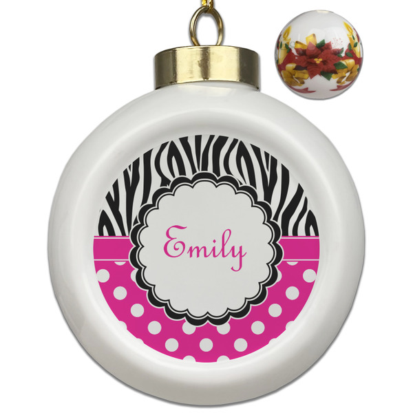 Custom Zebra Print & Polka Dots Ceramic Ball Ornaments - Poinsettia Garland (Personalized)