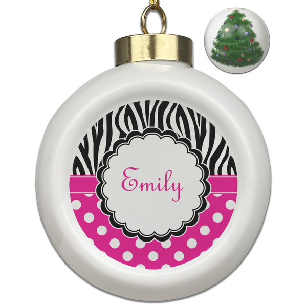 Custom Zebra Print & Polka Dots Ceramic Ball Ornament - Christmas Tree (Personalized)