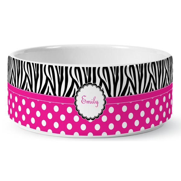 Zebra Print & Polka Dots Ceramic Dog Bowl - Medium - Front