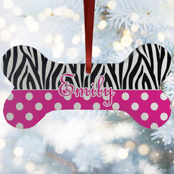 Zebra Print & Polka Dots Ceramic Dog Ornament w/ Name or Text
