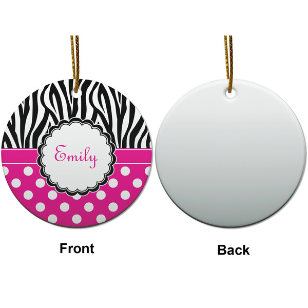 Zebra Print & Polka Dots Ceramic Flat Ornament - Circle Front & Back (APPROVAL)