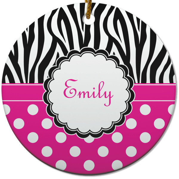 Zebra Print & Polka Dots Ceramic Flat Ornament - Circle (Front)