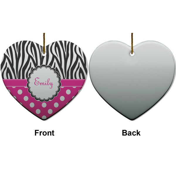 Zebra Print & Polka Dots Ceramic Flat Ornament - Heart Front & Back (APPROVAL)