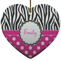Zebra Print & Polka Dots Heart Ceramic Ornament w/ Name or Text