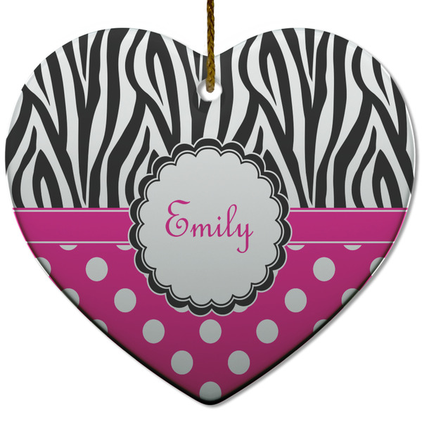 Custom Zebra Print & Polka Dots Heart Ceramic Ornament w/ Name or Text