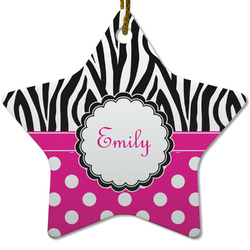 Zebra Print & Polka Dots Star Ceramic Ornament w/ Name or Text