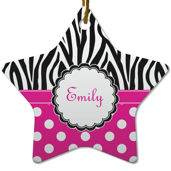 Zebra Print & Polka Dots Ceramic Flat Ornament - Star (Front)