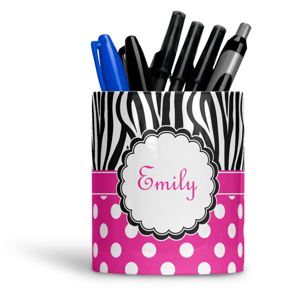 Custom Zebra Print & Polka Dots Ceramic Pen Holder