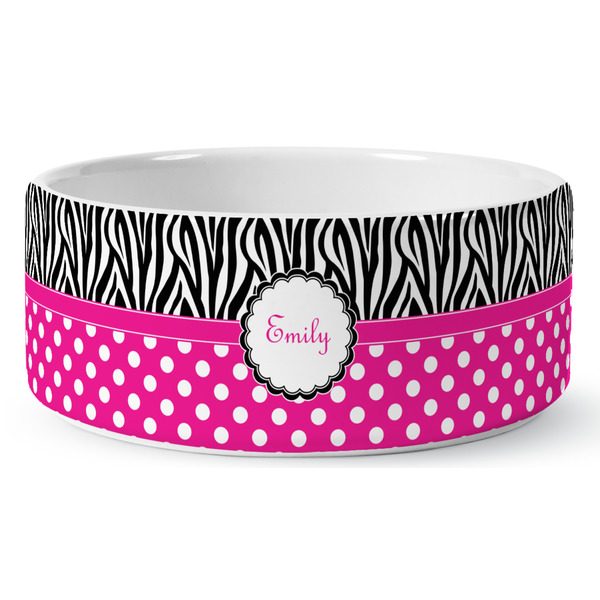 Custom Zebra Print & Polka Dots Ceramic Dog Bowl - Large (Personalized)