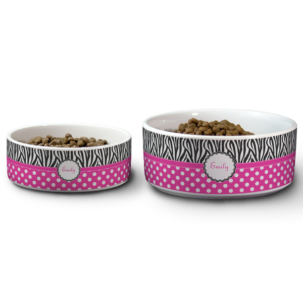 Zebra Print & Polka Dots Ceramic Dog Bowls - Size Comparison