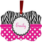 Zebra Print & Polka Dots Metal Frame Ornament - Double Sided w/ Name or Text