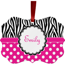 Zebra Print & Polka Dots Metal Frame Ornament - Double Sided w/ Name or Text