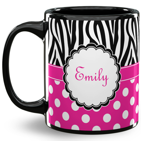 Custom Zebra Print & Polka Dots 11 Oz Coffee Mug - Black (Personalized)