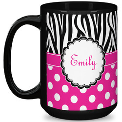 Zebra Print & Polka Dots 15 Oz Coffee Mug - Black (Personalized)
