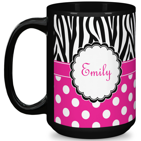 Custom Zebra Print & Polka Dots 15 Oz Coffee Mug - Black (Personalized)