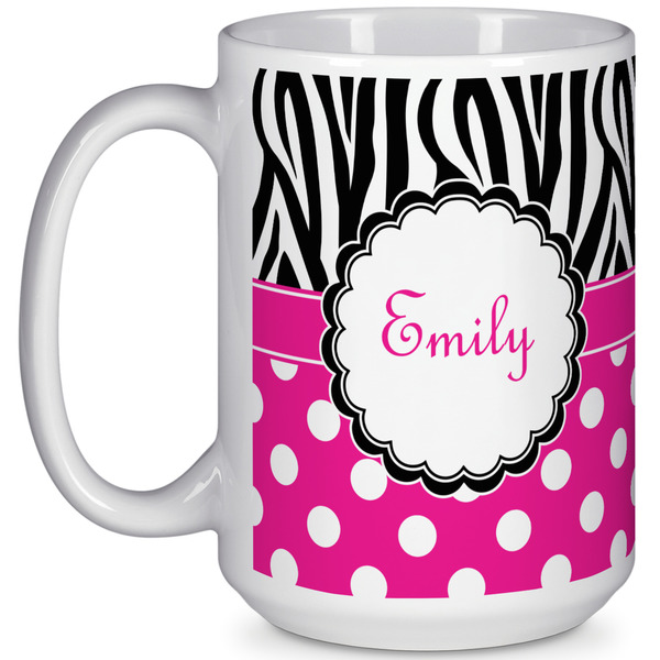 Custom Zebra Print & Polka Dots 15 Oz Coffee Mug - White (Personalized)