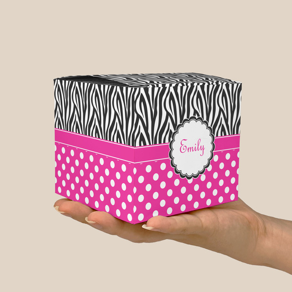Zebra Print & Polka Dots Cube Favor Gift Box - On Hand - Scale View