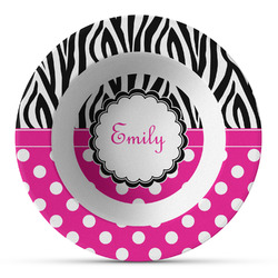 Zebra Print & Polka Dots Plastic Bowl - Microwave Safe - Composite Polymer (Personalized)
