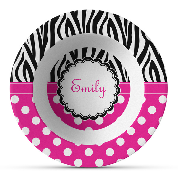 Custom Zebra Print & Polka Dots Plastic Bowl - Microwave Safe - Composite Polymer (Personalized)