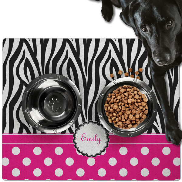 Custom Zebra Print & Polka Dots Dog Food Mat - Large w/ Name or Text