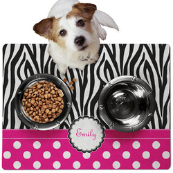 Zebra Print & Polka Dots Dog Food Mat - Medium w/ Name or Text