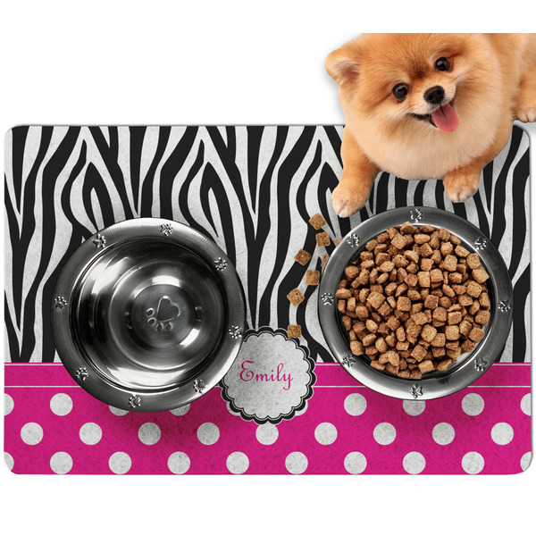 Custom Zebra Print & Polka Dots Dog Food Mat - Small w/ Name or Text